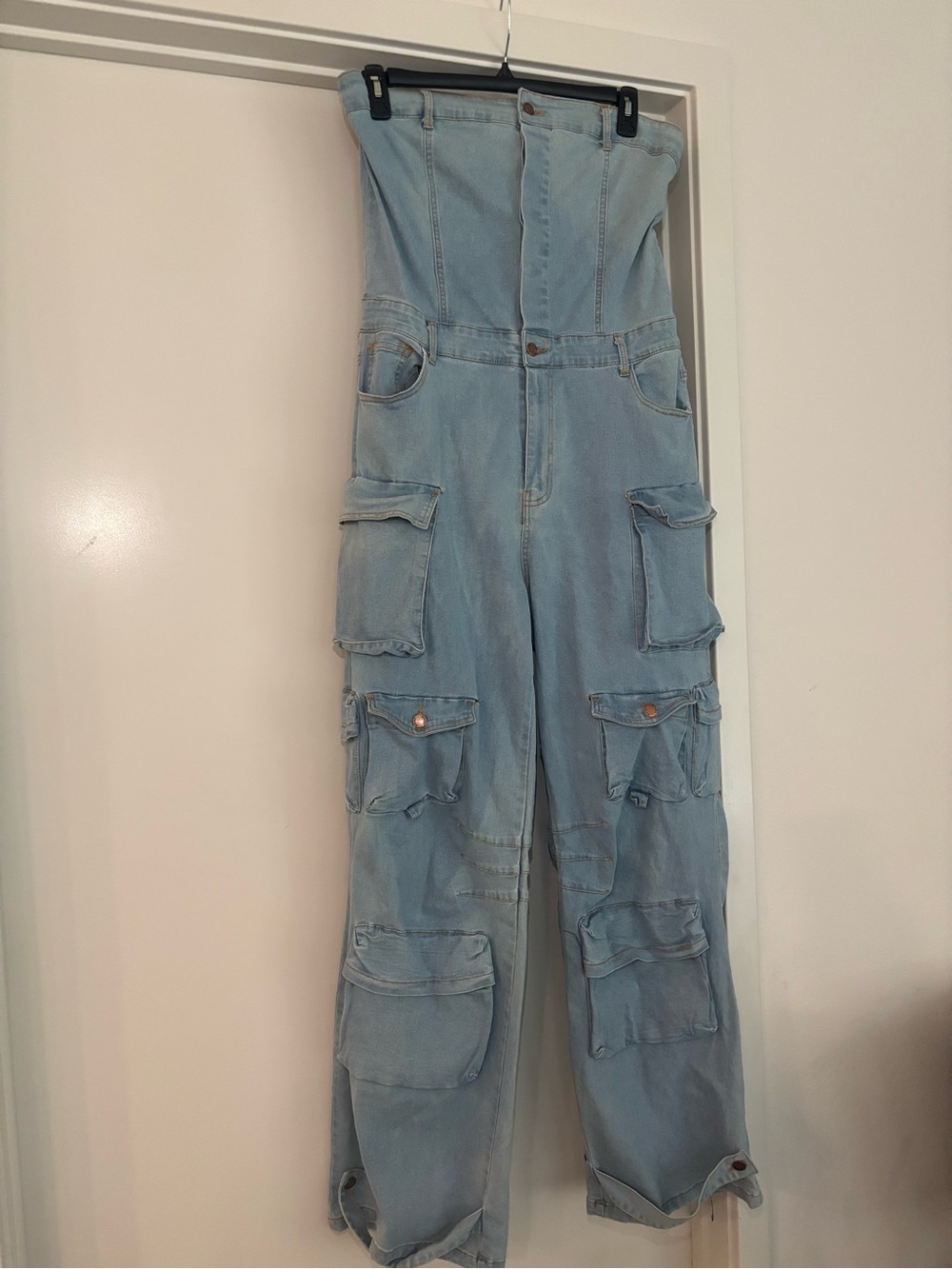 Daisy Light Blue Strapless Cargo Denim Jumpsuit